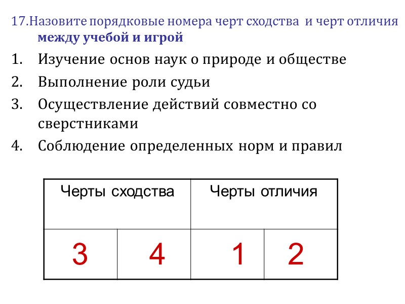 17.Назовите порядковые номера черт сходства  и черт отличия между учебой и игрой Изучение